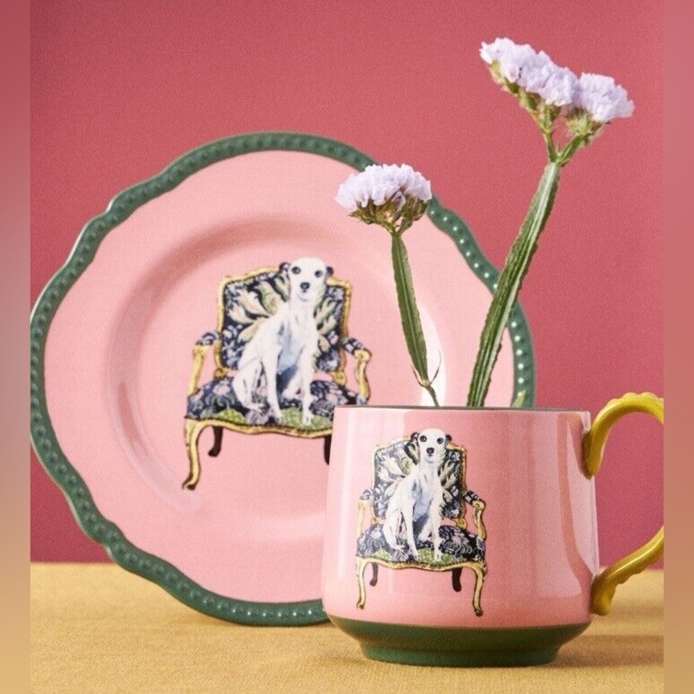 Anthropologie Pink & Green Dog Motif Dinnerware Plate (plate only)